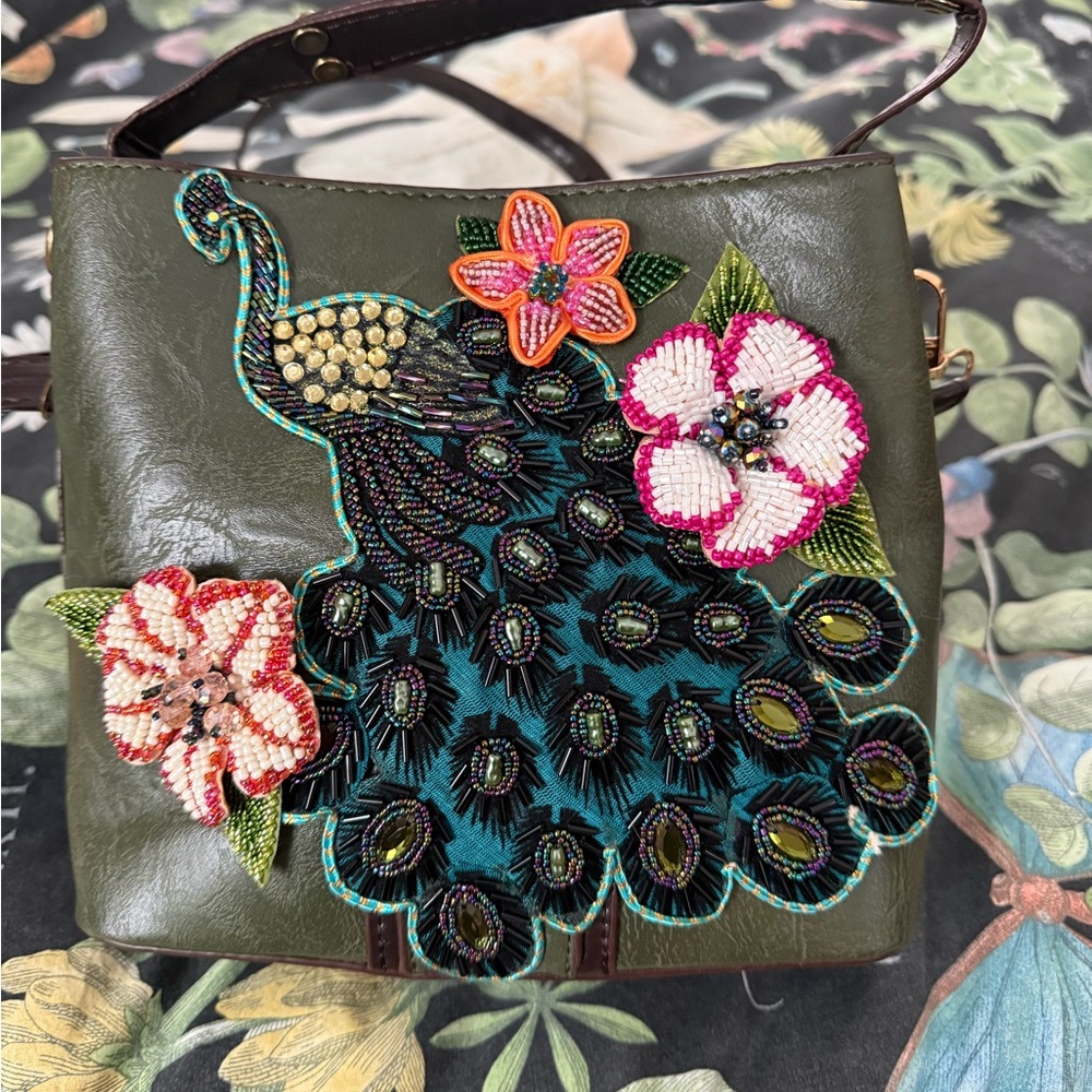 Lolita Olive Green Crossbody Bag with Beaded Peacock and Floral Embellishment.